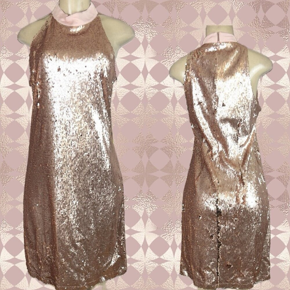 Sam Edelman 10 Rose-Gold Sequin Lined High Neckline Sleeveless Knee Length Dress